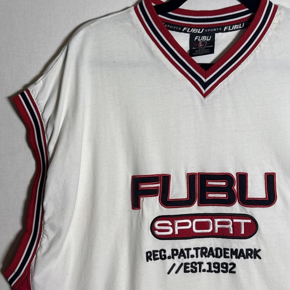 Vintage Fubu V-Neck Sleeveless Tee Y2K Cotton Jersey 2XL 100% Cotton